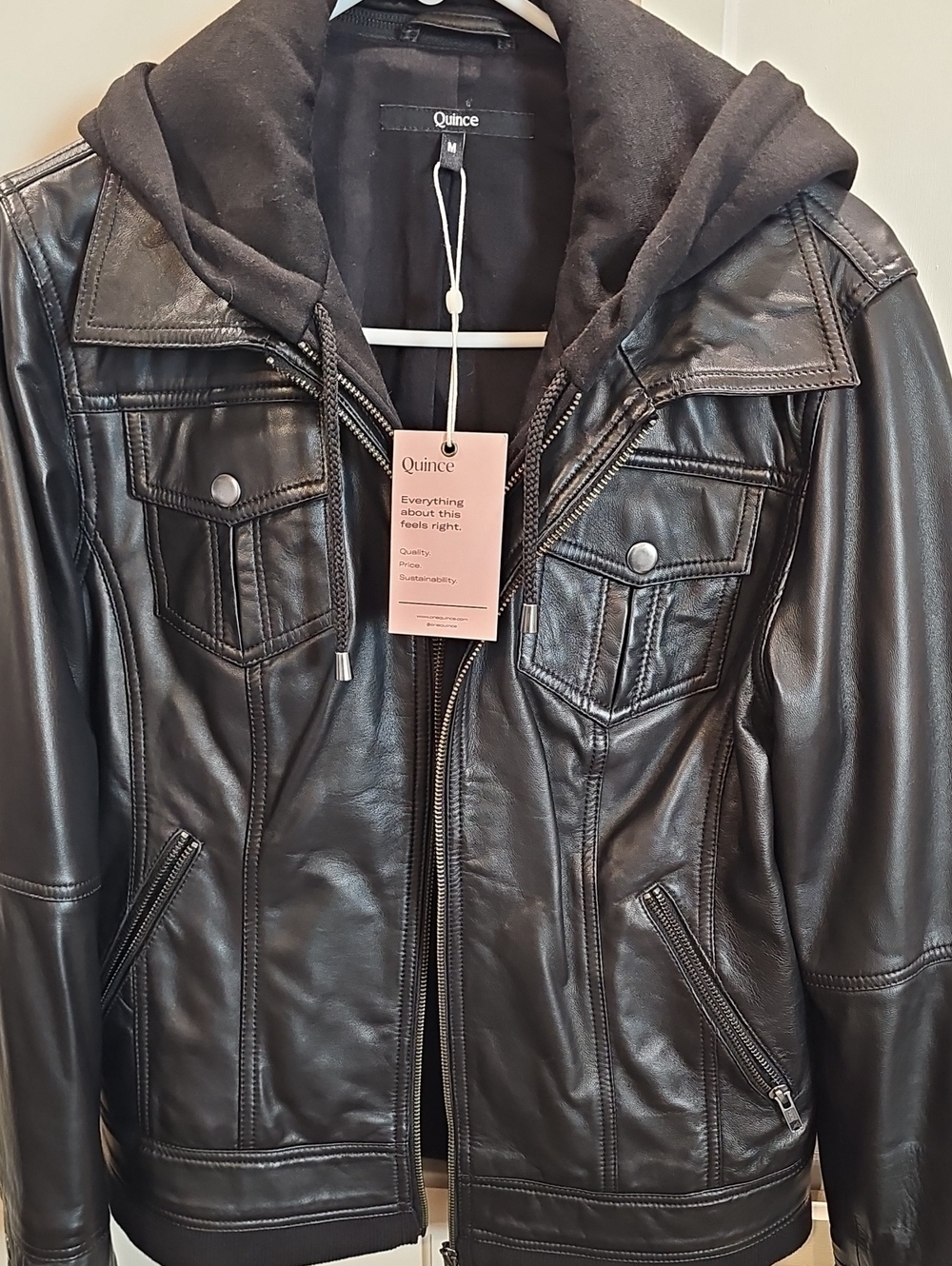 Quince Women's Black Leather Hooded Jacket